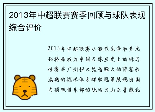 2013年中超联赛赛季回顾与球队表现综合评价