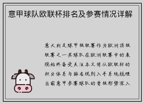 意甲球队欧联杯排名及参赛情况详解